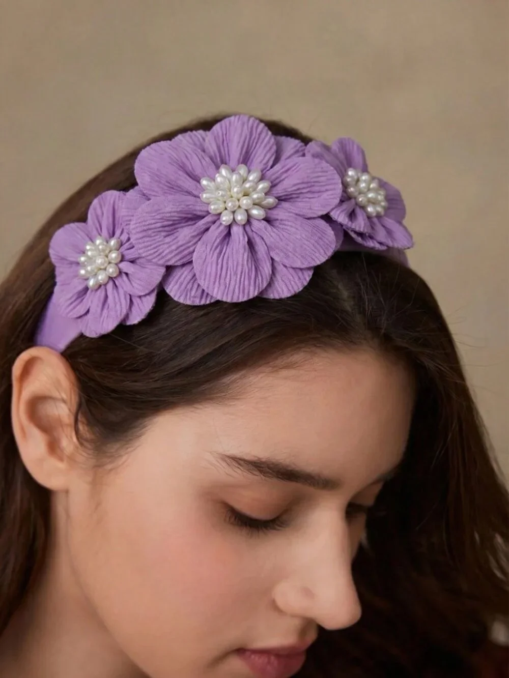 Lavender Pleated Flower Headband with Pearl Centers